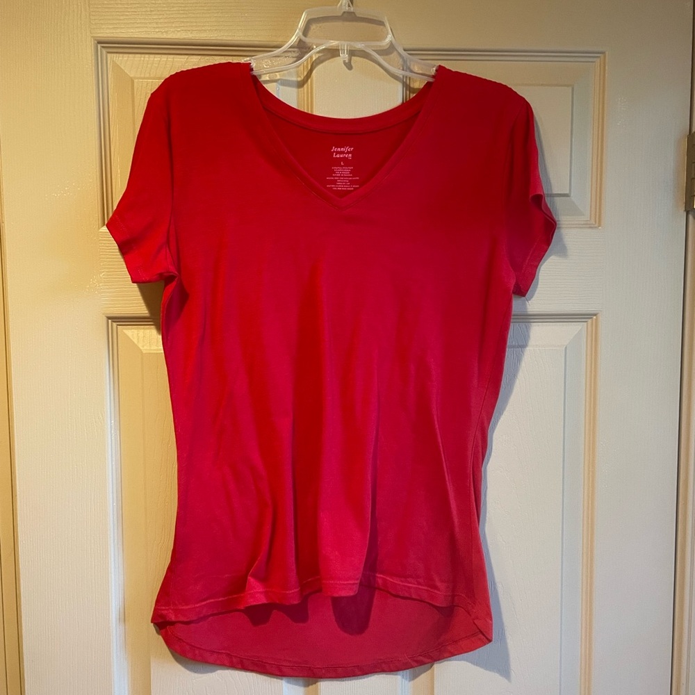 Jennifer Lauren Women's Bold Red‎ Short Sleeve V-Neck Soft Tee, Size Large